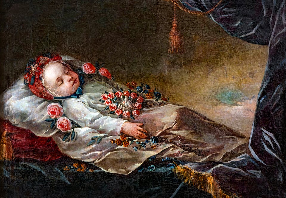 barn begravning K9Eyf1U Q9z9O Ett avlidet barn i vitt linne, omgivet av rosor.